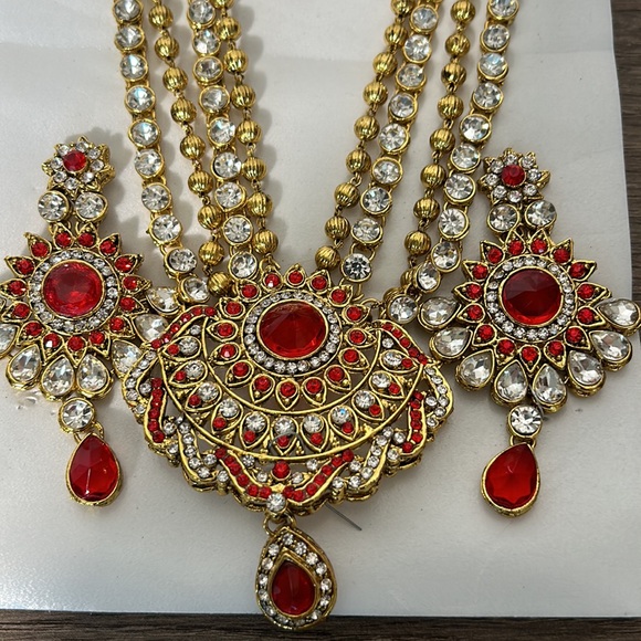 NWT INDIAN BRIDAL WEDDING KUNDAN SET NECKLACE AND EARING CRYSTAL BEADS - Picture 6 of 7